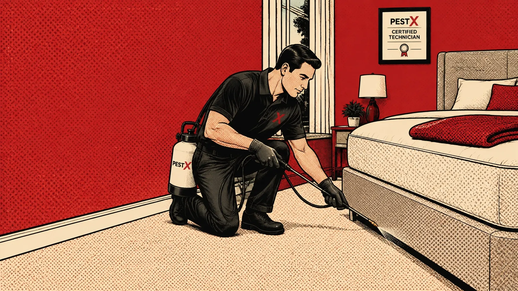 Pest X technician treating a bedroom for bed bugs with Aprehend Pest X technician treating a bedroom for bed bugs with Aprehend