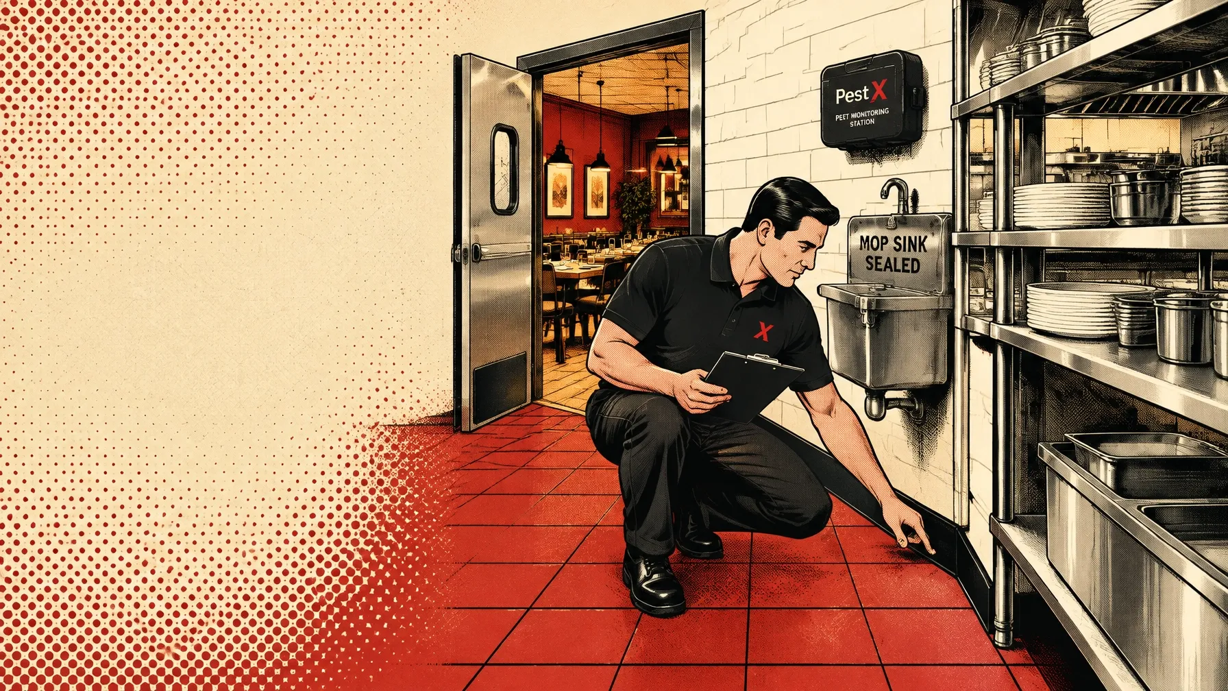 Commercial pest control technician inspecting a commercial kitchen Commercial pest control technician inspecting a commercial kitchen in a retro pop art illustration.